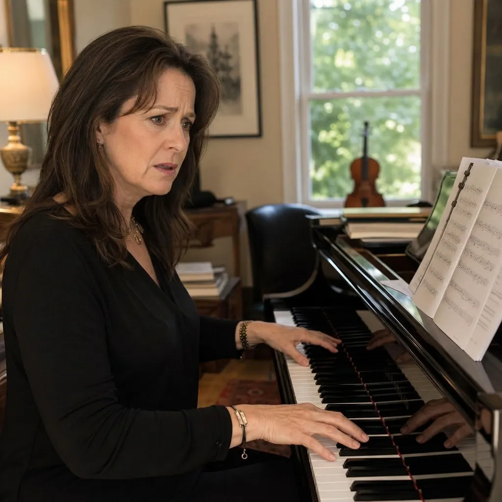 Mulher ao piano com expressão de dúvida diante da partitura