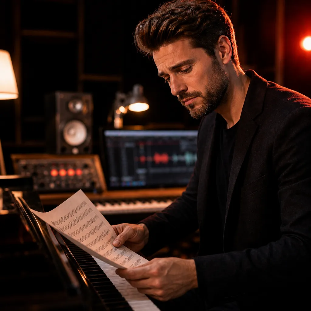 Homem ao piano com expressão de frustração diante da partitura
