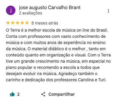 Avaliação no Google de José Augusto Carvalho Brant sobre a Terra da Música