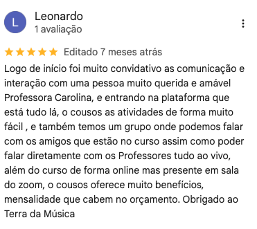Avaliação no Google de Leonardo sobre a Terra da Música