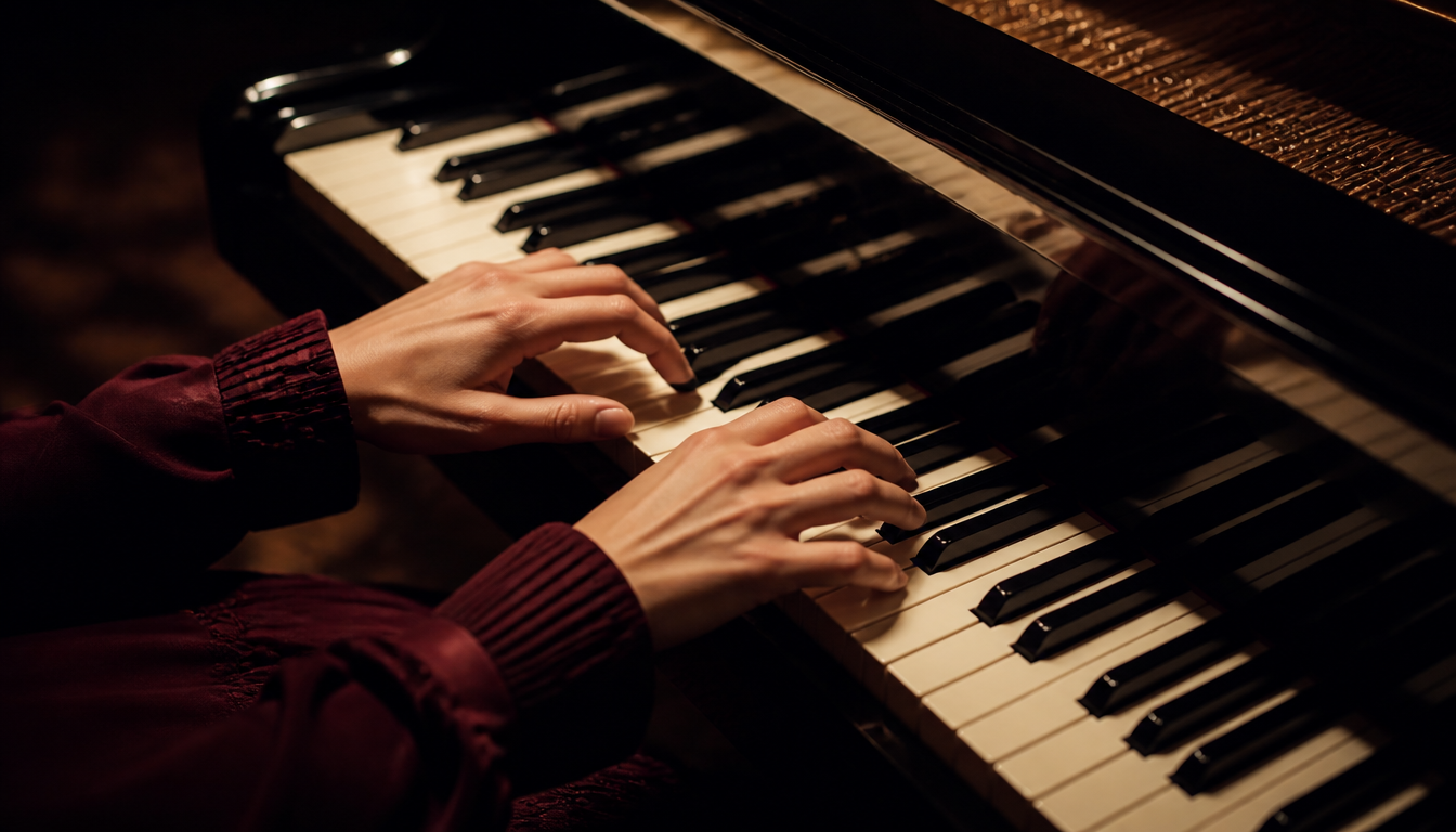 Mãos de pianistas tocando um piano de cauda em ambiente elegante