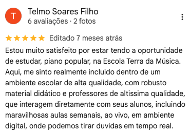 Avaliação no Google de Telmo Soares Filho sobre a Terra da Música