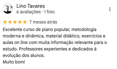 Avaliação no Google de Lino Tavares sobre a Terra da Música