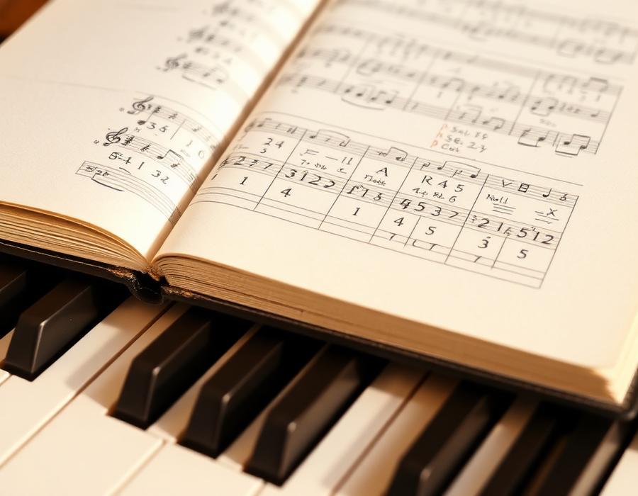 Caderno com cifras anotadas sobre o teclado